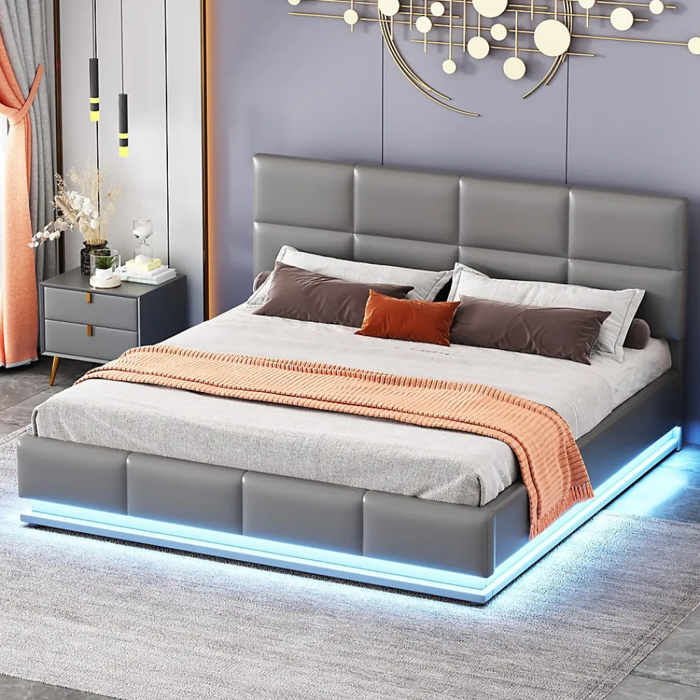Lit 160x200 cm tapissé gris avec tête de lit rembourrée, coffre de rangement hydraulique et éclairage LED>Redom Online