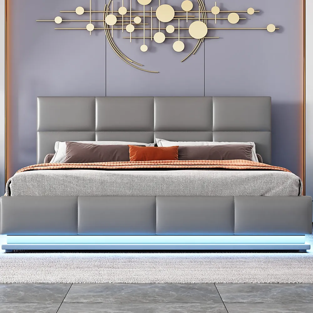 Lit 160x200 cm tapissé gris avec tête de lit rembourrée, coffre de rangement hydraulique et éclairage LED>Redom Online