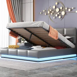 Lit 160x200 cm tapissé gris avec tête de lit rembourrée, coffre de rangement hydraulique et éclairage LED><noscript><img width=