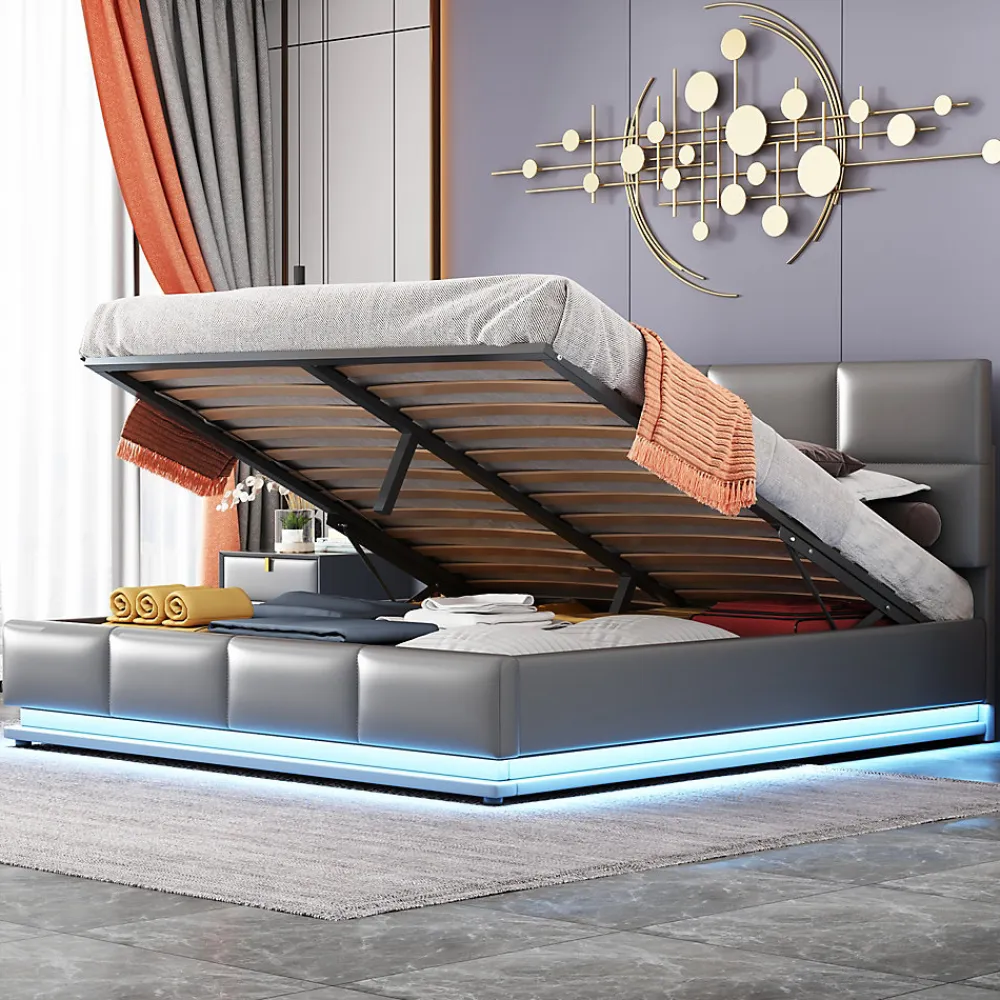 Lit 160x200 cm tapissé gris avec tête de lit rembourrée, coffre de rangement hydraulique et éclairage LED>Redom Online