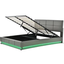 Lit 160x200 cm tapissé gris avec tête de lit rembourrée, coffre de rangement hydraulique et éclairage LED><noscript><img width=