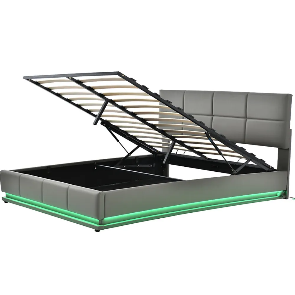 Lit 160x200 cm tapissé gris avec tête de lit rembourrée, coffre de rangement hydraulique et éclairage LED>Redom Online