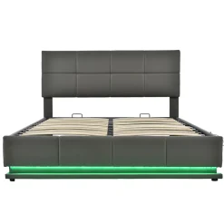 Lit 160x200 cm tapissé gris avec tête de lit rembourrée, coffre de rangement hydraulique et éclairage LED><noscript><img width=