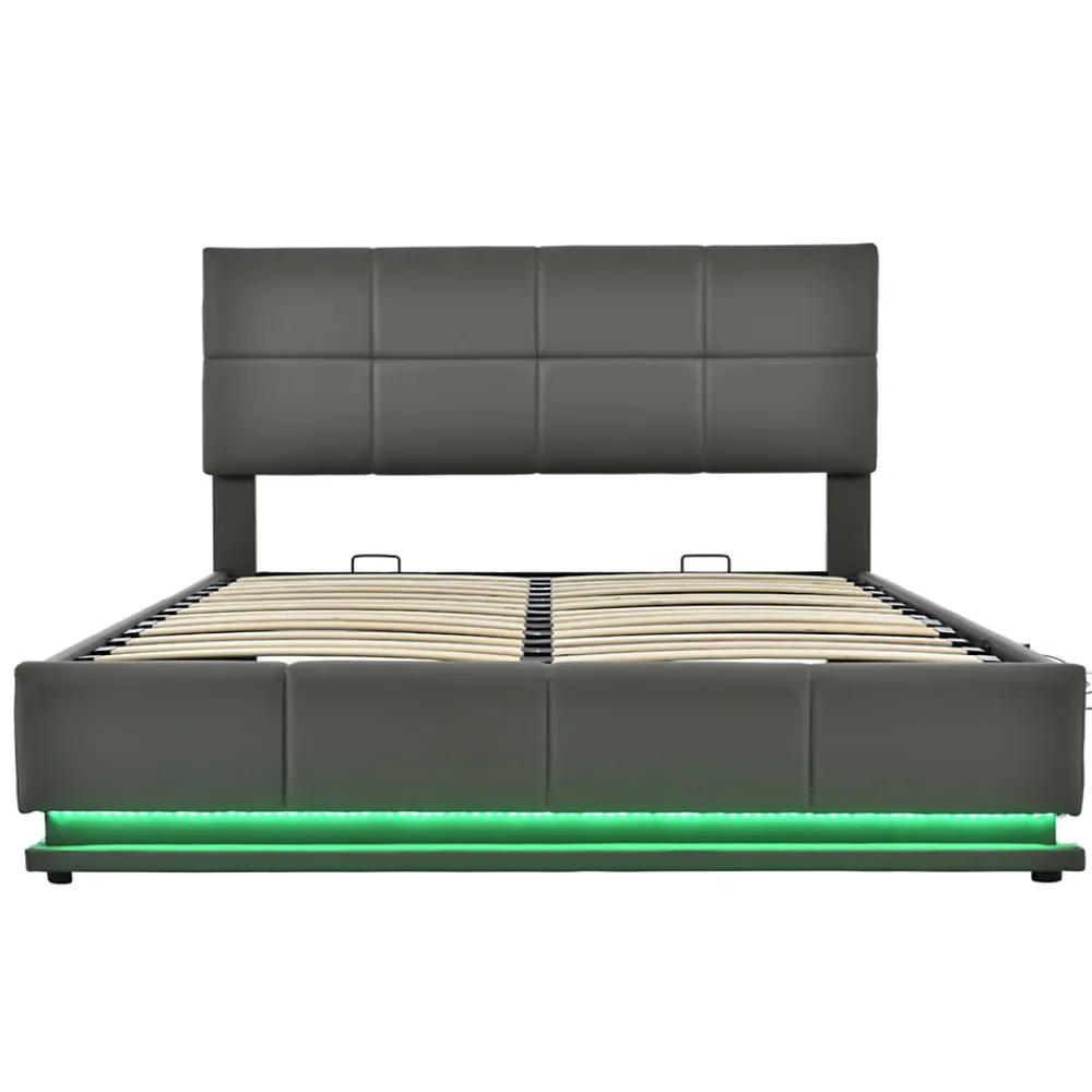 Lit 160x200 cm tapissé gris avec tête de lit rembourrée, coffre de rangement hydraulique et éclairage LED>Redom Online