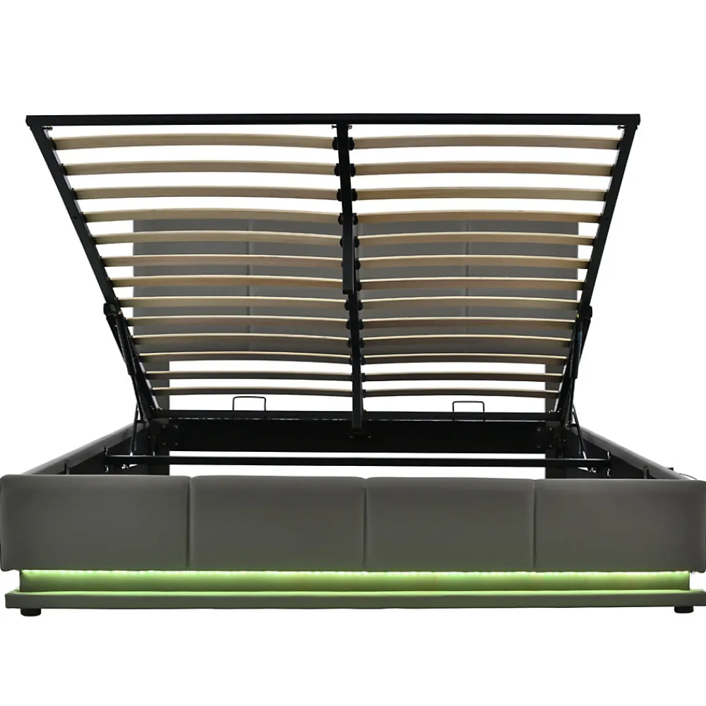 Lit 160x200 cm tapissé gris avec tête de lit rembourrée, coffre de rangement hydraulique et éclairage LED>Redom Online