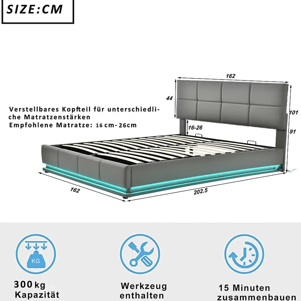 Lit 160x200 cm tapissé gris avec tête de lit rembourrée, coffre de rangement hydraulique et éclairage LED>Redom Online