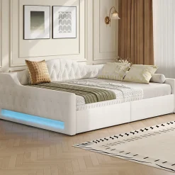 Lit 140x200 cm tapissé lin avec grand rangement sous sommier et bande led 7 couleurs, finition beige élégante>Redom Clearance
