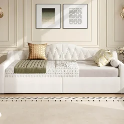Lit 140x200 cm tapissé lin avec grand rangement sous sommier et bande led 7 couleurs, finition beige élégante>Redom Clearance