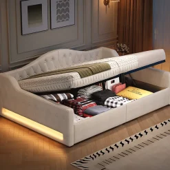 Lit 140x200 cm tapissé lin avec grand rangement sous sommier et bande led 7 couleurs, finition beige élégante><noscript><img width=