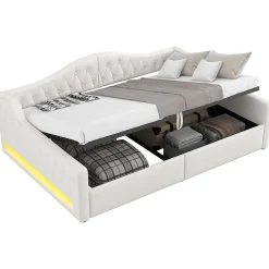 Lit 140x200 cm tapissé lin avec grand rangement sous sommier et bande led 7 couleurs, finition beige élégante><noscript><img width=