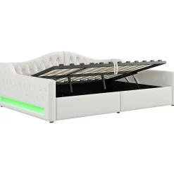 Lit 140x200 cm tapissé lin avec grand rangement sous sommier et bande led 7 couleurs, finition beige élégante><noscript><img width=