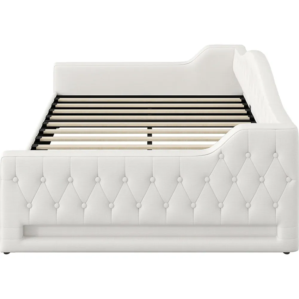 Lit 140x200 cm tapissé lin avec grand rangement sous sommier et bande led 7 couleurs, finition beige élégante>Redom Clearance