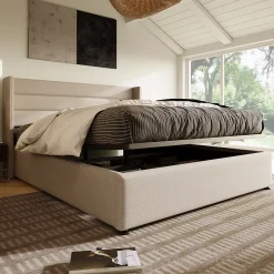 Redom Lit 160x200 cm tapissé lin beige avec coffre de rangement hydraulique, tête de lit rembourrée et cadre robuste* Lit Avec Rangement