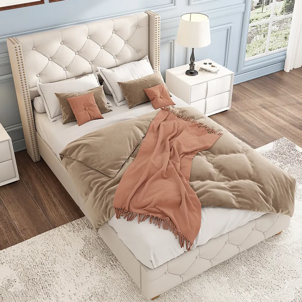 Redom Lit 90x200 cm tapissé lin beige avec tête de lit capitonnée, clous décoratifs et pieds en bois renforcés* Lit Simple