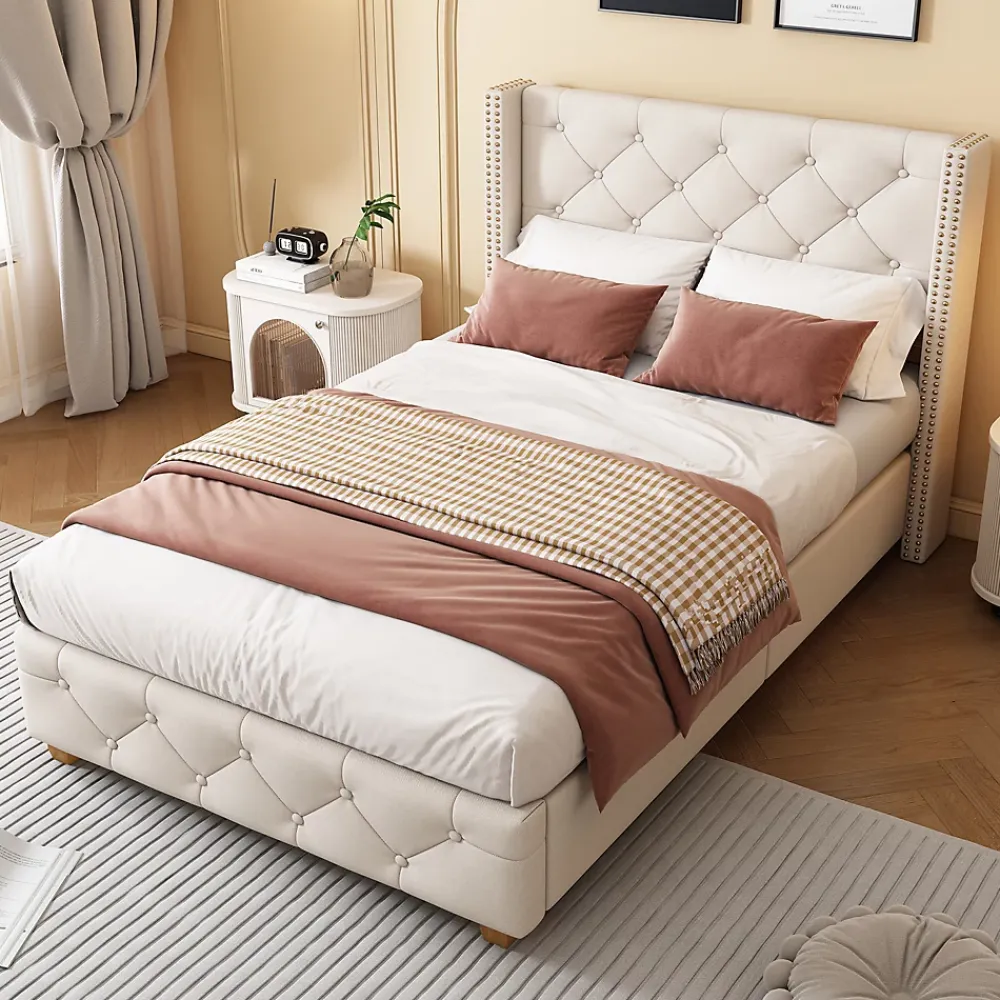 Redom Lit 90x200 cm tapissé lin beige avec tête de lit capitonnée, clous décoratifs et pieds en bois renforcés* Lit Simple
