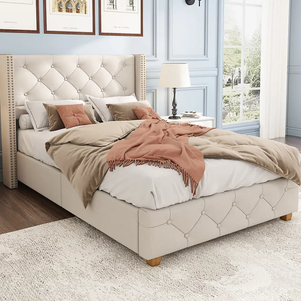 Redom Lit 90x200 cm tapissé lin beige avec tête de lit capitonnée, clous décoratifs et pieds en bois renforcés* Lit Simple