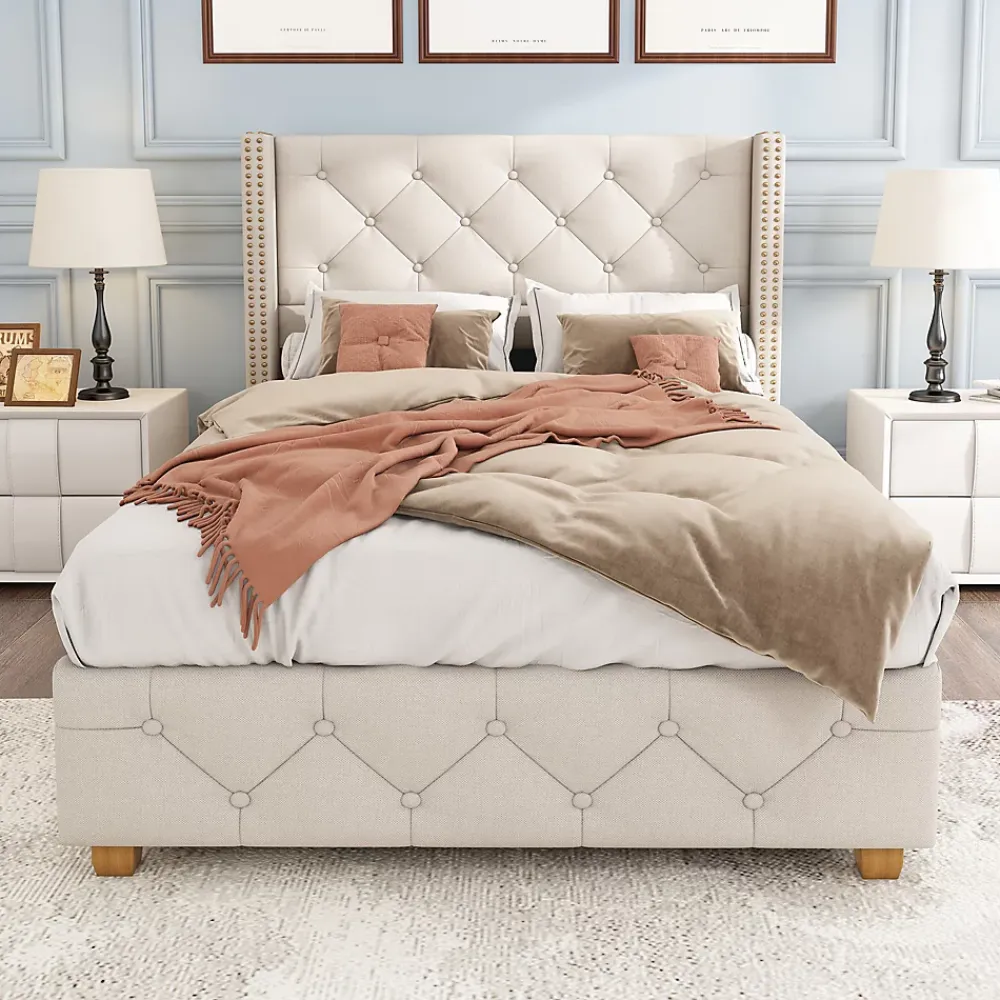 Redom Lit 90x200 cm tapissé lin beige avec tête de lit capitonnée, clous décoratifs et pieds en bois renforcés* Lit Simple