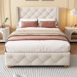 Redom Lit 90x200 cm tapissé lin beige avec tête de lit capitonnée, clous décoratifs et pieds en bois renforcés* Lit Simple