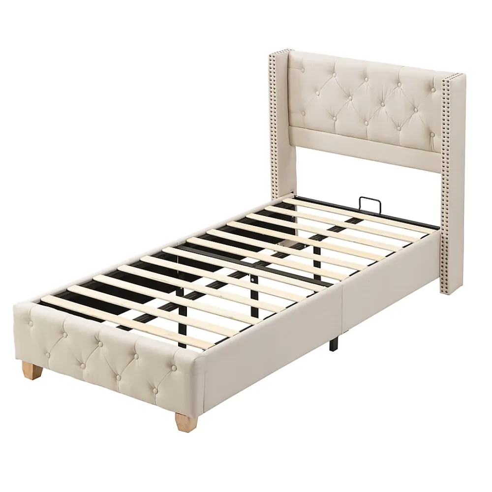 Redom Lit 90x200 cm tapissé lin beige avec tête de lit capitonnée, clous décoratifs et pieds en bois renforcés* Lit Simple