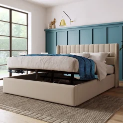 Lit 140x200 cm tapissé lin beige avec rangement hydraulique, tête de lit matelassée à rayures verticales><noscript><img width=