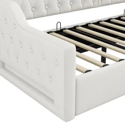 Redom Lit 90x200 cm tapissé lin beige avec rangement sous-lit et bande LED 7 couleurs, cadre bois moderne, 12 lattes* Lit Avec Rangement