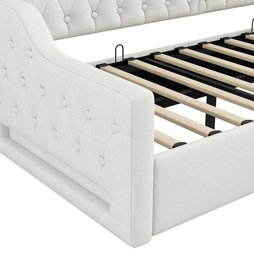 Redom Lit 90x200 cm tapissé lin beige avec rangement sous-lit et bande LED 7 couleurs, cadre bois moderne, 12 lattes* Lit Avec Rangement