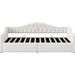 Redom Lit 90x200 cm tapissé lin beige avec rangement sous-lit et bande LED 7 couleurs, cadre bois moderne, 12 lattes* Lit Avec Rangement