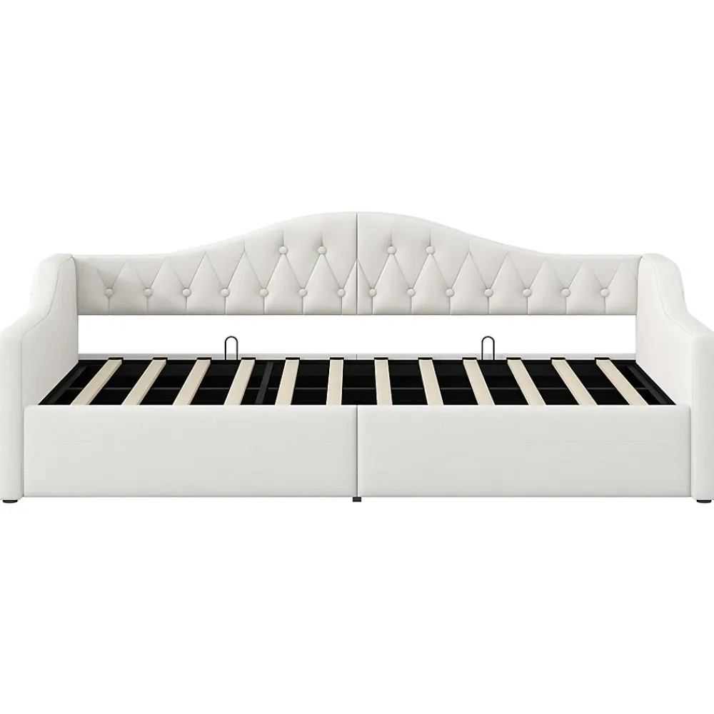Redom Lit 90x200 cm tapissé lin beige avec rangement sous-lit et bande LED 7 couleurs, cadre bois moderne, 12 lattes* Lit Avec Rangement