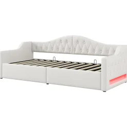 Redom Lit 90x200 cm tapissé lin beige avec rangement sous-lit et bande LED 7 couleurs, cadre bois moderne, 12 lattes* Lit Avec Rangement