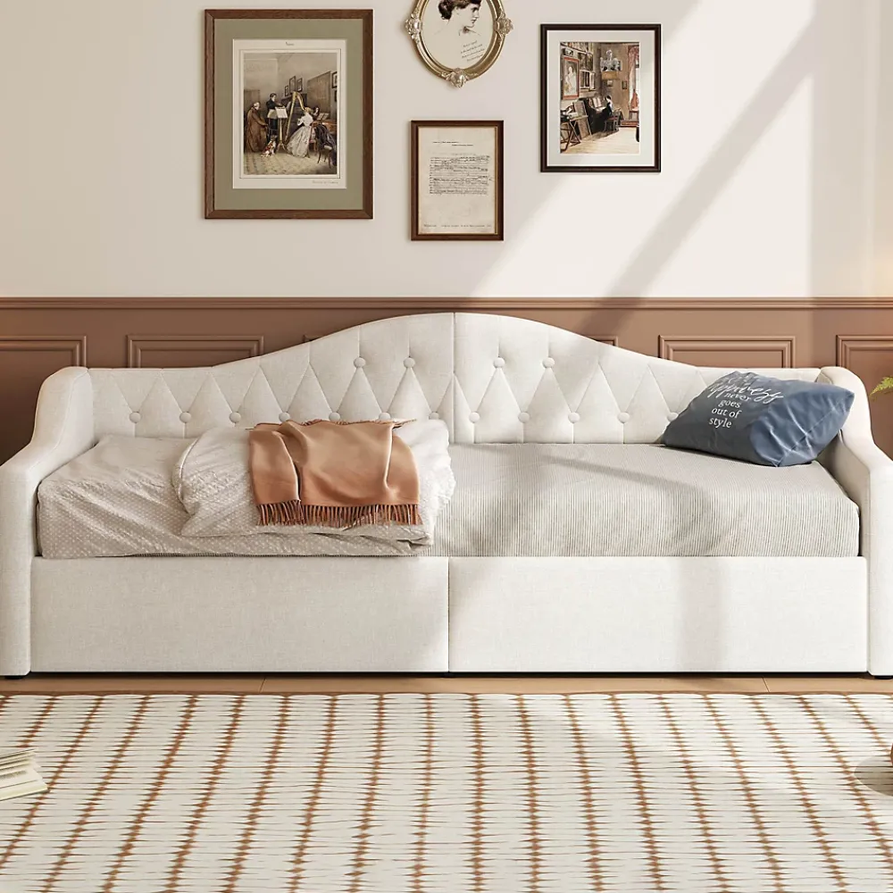 Redom Lit 90x200 cm tapissé lin beige avec rangement sous-lit et bande LED 7 couleurs, cadre bois moderne, 12 lattes* Lit Avec Rangement