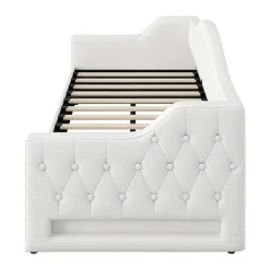 Redom Lit 90x200 cm tapissé lin beige avec rangement sous-lit et bande LED 7 couleurs, cadre bois moderne, 12 lattes* Lit Avec Rangement