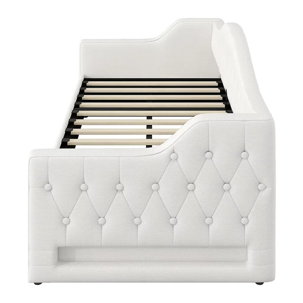 Redom Lit 90x200 cm tapissé lin beige avec rangement sous-lit et bande LED 7 couleurs, cadre bois moderne, 12 lattes* Lit Avec Rangement