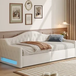 Redom Lit 90x200 cm tapissé lin beige avec rangement sous-lit et bande LED 7 couleurs, cadre bois moderne, 12 lattes* Lit Avec Rangement