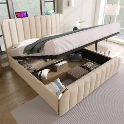 Redom Lit 140x200 cm tapissé lin beige, design contemporain, avec rangement hydraulique et tête de lit intégrée* Lit Avec Rangement