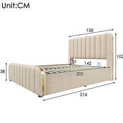 Redom Lit 140x200 cm tapissé lin beige, design contemporain, avec rangement hydraulique et tête de lit intégrée* Lit Avec Rangement
