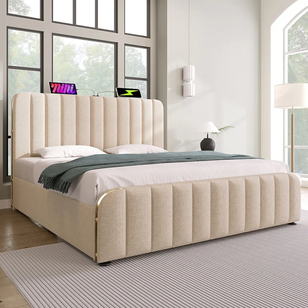 Lit 140x200 cm, tapissé lin beige avec tête de lit décor métal doré, rangement hydraulique et port USB-C>Redom Online