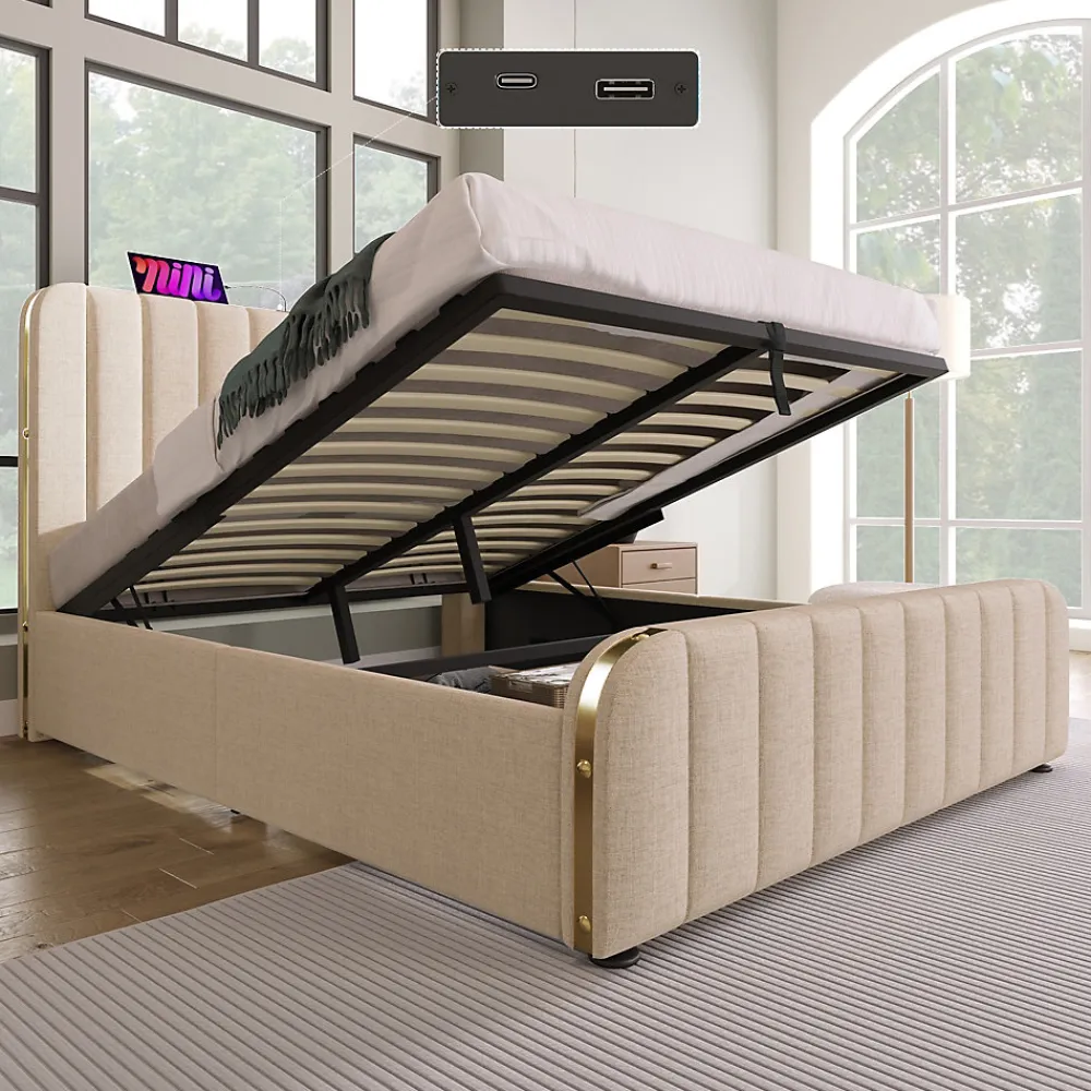 Lit 140x200 cm, tapissé lin beige avec tête de lit décor métal doré, rangement hydraulique et port USB-C>Redom Online