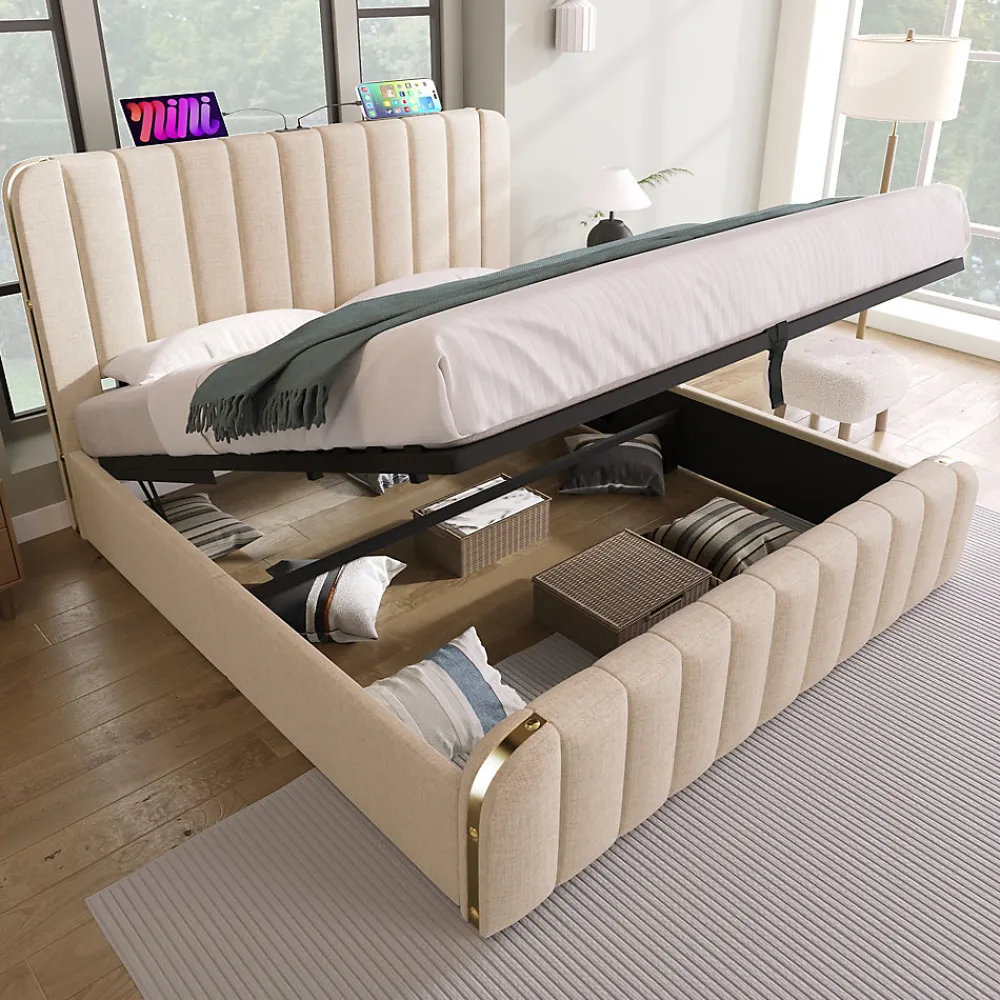 Lit 140x200 cm, tapissé lin beige avec tête de lit décor métal doré, rangement hydraulique et port USB-C>Redom Online