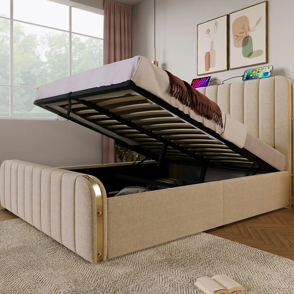 Lit 140x200 cm, tapissé lin beige avec tête de lit décor métal doré, rangement hydraulique et port USB-C>Redom Online