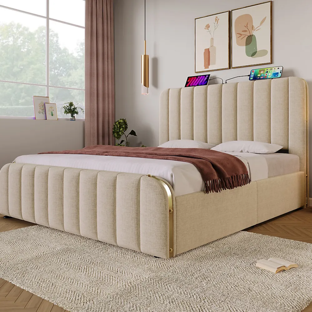 Lit 140x200 cm, tapissé lin beige avec tête de lit décor métal doré, rangement hydraulique et port USB-C>Redom Online