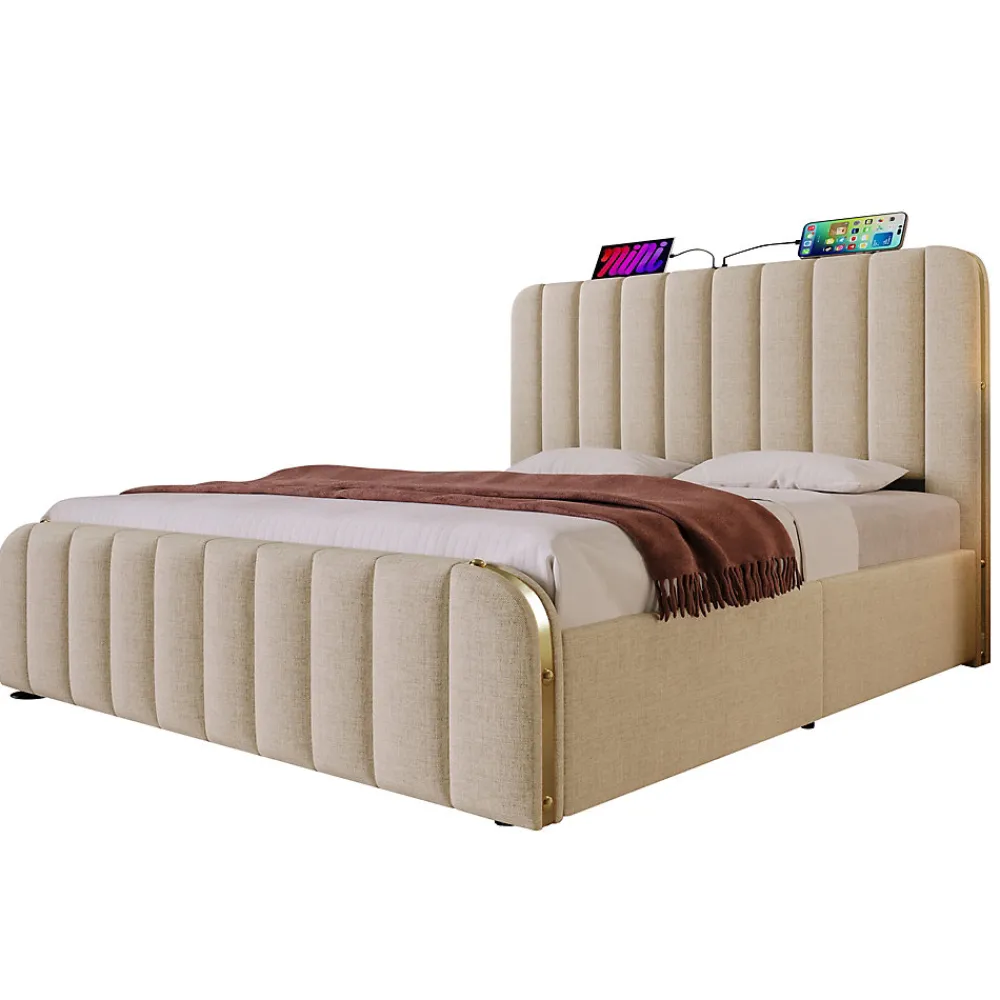 Lit 140x200 cm, tapissé lin beige avec tête de lit décor métal doré, rangement hydraulique et port USB-C>Redom Online