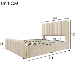Lit 140x200 cm, tapissé lin beige avec tête de lit décor métal doré, rangement hydraulique et port USB-C><noscript><img width=