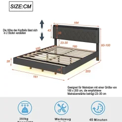 Redom Lit 160x200 cm tapissé lin gris avec LED multicolore sous cadre, prise USB intégrée et coffre de rangement* Lit Double