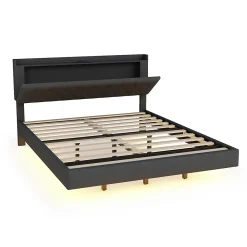 Redom Lit 160x200 cm tapissé lin gris avec LED multicolore sous cadre, prise USB intégrée et coffre de rangement* Lit Double