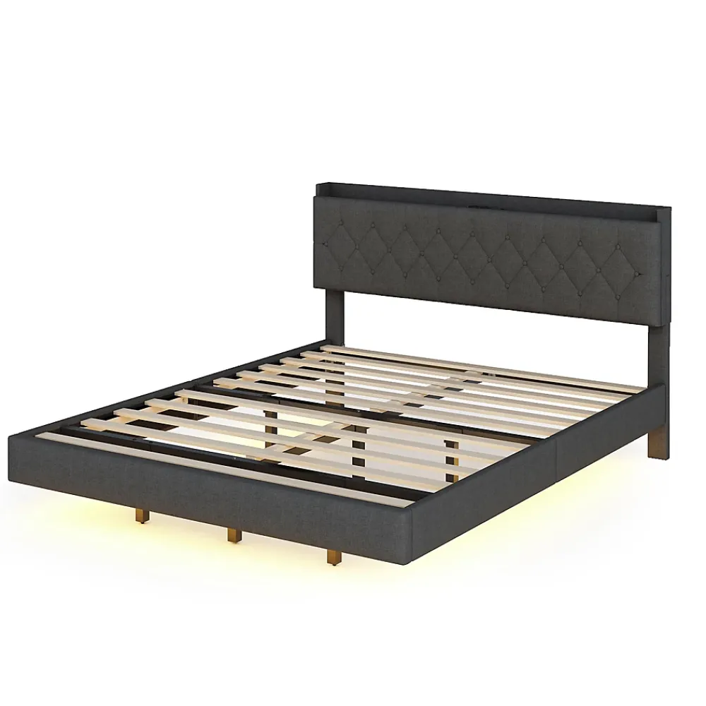 Redom Lit 160x200 cm tapissé lin gris avec LED multicolore sous cadre, prise USB intégrée et coffre de rangement* Lit Double