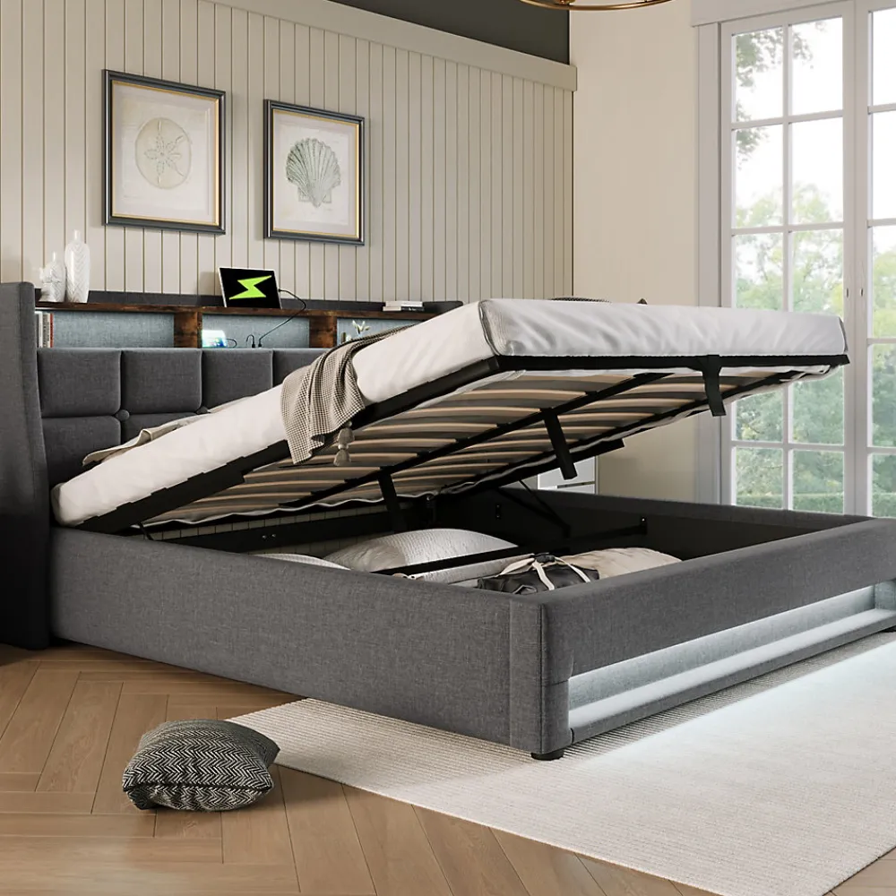 Lit 140x200 cm tapissé lin gris avec éclairage LED et port USB, style vintage moderne, cadre bois-métal>Redom Hot