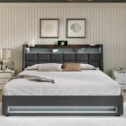 Lit 140x200 cm tapissé lin gris avec éclairage LED et port USB, style vintage moderne, cadre bois-métal><noscript><img width=