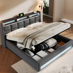 Lit 140x200 cm tapissé lin gris avec éclairage LED et port USB, style vintage moderne, cadre bois-métal><noscript><img width=