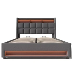Lit 140x200 cm tapissé lin gris avec éclairage LED et port USB, style vintage moderne, cadre bois-métal><noscript><img width=