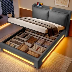 Lit 160x200 cm tapissé lin gris avec tête de lit étagère, éclairage LED intégré et rangement hydraulique>Redom